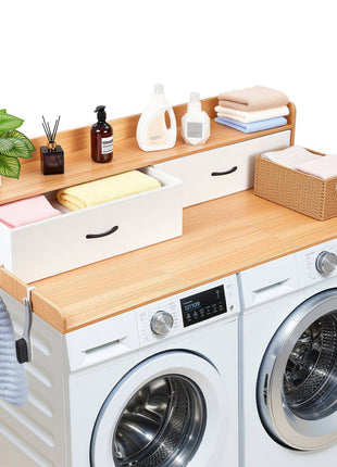 Washer Dryer Countertop with Shelf, 54 x 27.5 in Wooden Washer and Dryer Topper with 2 Drawers & 2 Hooks, Laundry Machine Topper for Laundry Closet Pantry Counter Organization and Storage, Burlywood