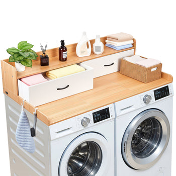 Washer Dryer Countertop with Shelf, 54 x 27.5 in Wooden Washer and Dryer Topper with 2 Drawers & 2 Hooks, Laundry Machine Topper for Laundry Closet Pantry Counter Organization and Storage, Burlywood