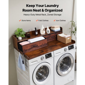 Washer Dryer Countertop with Shelf, 54 x 27.5 in Wooden Washer and Dryer Topper with 2 Drawers & 2 Hooks, Laundry Machine Topper for Laundry Closet Pantry Counter Organization and Storage, Brown