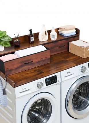 Washer Dryer Countertop with Shelf, 54 x 27.5 in Wooden Washer and Dryer Topper with 2 Drawers & 2 Hooks, Laundry Machine Topper for Laundry Closet Pantry Counter Organization and Storage, Brown