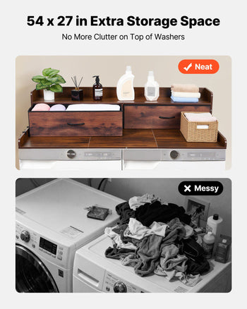 Washer Dryer Countertop with Shelf, 54 x 27.5 in Wooden Washer and Dryer Topper with 2 Drawers & 2 Hooks, Laundry Machine Topper for Laundry Closet Pantry Counter Organization and Storage, Brown