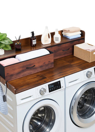 Washer Dryer Countertop with Shelf, 54 x 27.5 in Wooden Washer and Dryer Topper with 2 Drawers & 2 Hooks, Laundry Machine Topper for Laundry Closet Pantry Counter Organization and Storage, Brown
