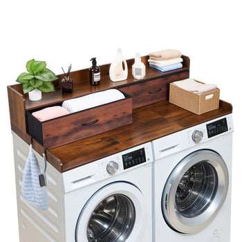 Washer Dryer Countertop with Shelf, 54 x 27.5 in Wooden Washer and Dryer Topper with 2 Drawers & 2 Hooks, Laundry Machine Topper for Laundry Closet Pantry Counter Organization and Storage, Brown
