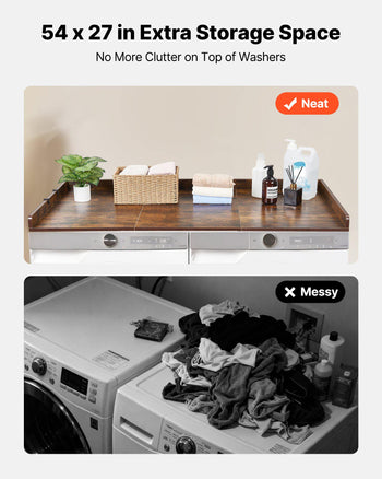Washer Dryer Countertop, 54 x 27.5 in Wooden Washer and Dryer Topper with Edge & 2 Hooks, Water-Resistant Laundry Machine Topper for Laundry Closet Pantry Counter Organization and Storage, Brown