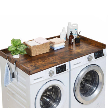 Washer Dryer Countertop, 54 x 27.5 in Wooden Washer and Dryer Topper with Edge & 2 Hooks, Water-Resistant Laundry Machine Topper for Laundry Closet Pantry Counter Organization and Storage, Brown