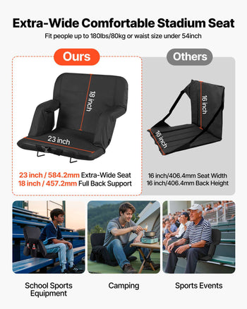 Stadium Seat, 6 Adjustable Angle Bleacher Chair, 2.9'' Cushion Stadium Seat with Back Support and Armrest, Wide Bleacher Chair with Hook Pocket Cupholder for Picnics, Beach Sports, and Gaming