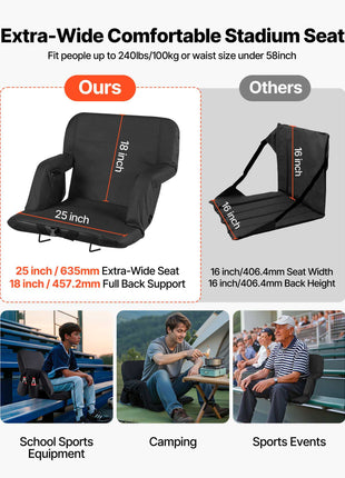 Stadium Seat, 6 Adjustable Angle Bleacher Chair, 2.75'' Cushion Stadium Seat with Back Support and Armrest, Wide Bleacher Chair with Hook Pocket Cupholder for Picnics, Beach Sports, and Gaming