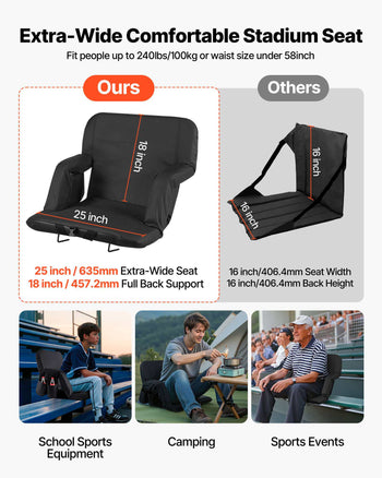 Stadium Seat, 6 Adjustable Angle Bleacher Chair, 2.75'' Cushion Stadium Seat with Back Support and Armrest, Wide Bleacher Chair with Hook Pocket Cupholder for Picnics, Beach Sports, and Gaming