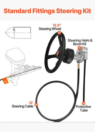 Outboard Steering System 10' Steering Cable Marine Steering System 3/4'' Steering Shaft with 13.5 Inch Wheel Flat Interface Marine Steering Kit for Yachts and Waterborne Vehicles, Black