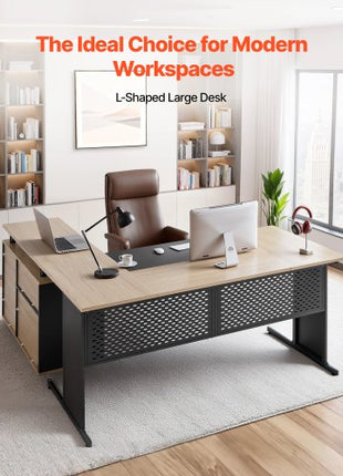L-Shaped Executive Desk, Modern Reversible Office Table with Drawers & Storage Cabinet, Heavy Duty Large Wooden Executive Table, 350 LBS Load Capacity, Easy Assembly, for Work Study Writing