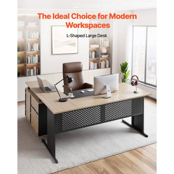 L-Shaped Executive Desk, Modern Reversible Office Table with Drawers & Storage Cabinet, Heavy Duty Large Wooden Executive Table, 350 LBS Load Capacity, Easy Assembly, for Work Study Writing