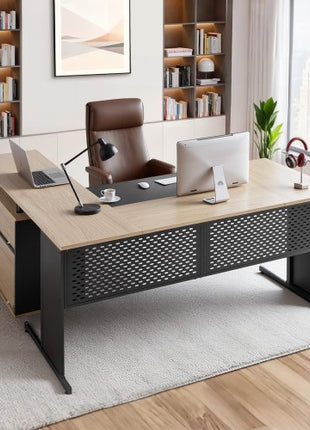 L-Shaped Executive Desk, Modern Reversible Office Table with Drawers & Storage Cabinet, Heavy Duty Large Wooden Executive Table, 350 LBS Load Capacity, Easy Assembly, for Work Study Writing