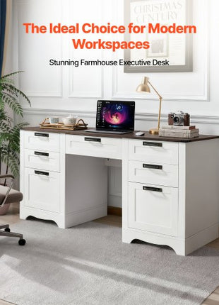 Executive Desk, Farmhouse Office Table with Charging Station, Heavy Duty Particle Board Executive Table with Storage Drawers, 200 LBS Load Capacity, Easy Assembly, for Work Study Writing, Walnut