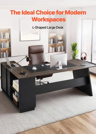 L-Shaped Executive Desk, Large Modern Office Table with Drawers and Storage Cabinet, Heavy Duty Wooden Executive Table, 350 LBS Load Capacity, Easy Assembly, for Work Study Writing, Brown+Black