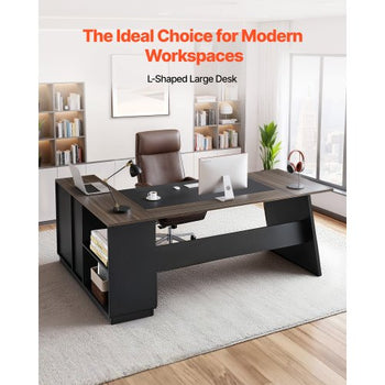 L-Shaped Executive Desk, Large Modern Office Table with Drawers and Storage Cabinet, Heavy Duty Wooden Executive Table, 350 LBS Load Capacity, Easy Assembly, for Work Study Writing, Brown+Black