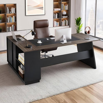 L-Shaped Executive Desk, Large Modern Office Table with Drawers and Storage Cabinet, Heavy Duty Wooden Executive Table, 350 LBS Load Capacity, Easy Assembly, for Work Study Writing, Brown+Black