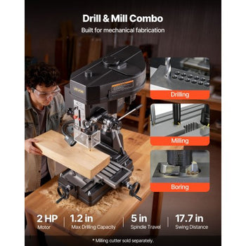 15.875-Inch Mill Drill Machine, 2 HP, Benchtop Milling Drill Press, 150-2560 RPM Adjustable Speed, with Rotating Vise, Laser and Work Light, Milling Drilling Machine, for Woodworking Light Metal