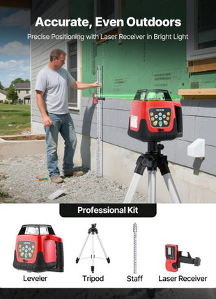 Rotary Laser Level Kit, 2000ft 360-Degree Self Leveling Green Horizontal Laser Transit,with Tripod,Receiver,Remote Control, Scale, Toolcase, IP66 Rating Waterproof, 0.80in/100ft for Construction