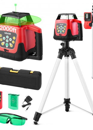 Rotary Laser Level Kit, 2000ft 360-Degree Self Leveling Green Horizontal Laser Transit,with Tripod,Receiver,Remote Control, Scale, Toolcase, IP66 Rating Waterproof, 0.80in/100ft for Construction