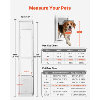 Dog Door for Sliding Glass Door, 75 7/8" to 80 11/16" Adjustable Height, Aluminum Alloy Frame with Flap, Lock Design, for Large-Sized Dogs, 180° Swing-Open Sliding Glass Pet Doors for Renters