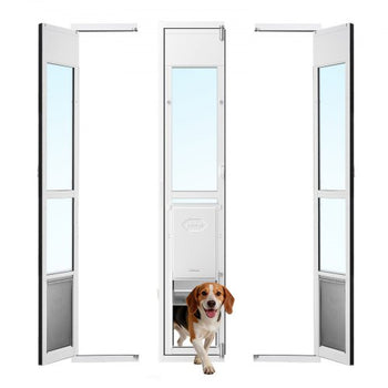 Dog Door for Sliding Glass Door, 75 7/8" to 80 11/16" Adjustable Height, Aluminum Alloy Frame with Flap, Lock Design, for Large-Sized Dogs, 180° Swing-Open Sliding Glass Pet Doors for Renters