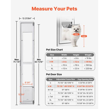 Dog Door for Sliding Glass Door, 75 7/8" to 80 11/16" Adjustable Height, Aluminum Alloy Frame with Flap, Lock Design, for Medium-Sized Dogs, 180° Swing-Open Sliding Glass Pet Doors for Renters