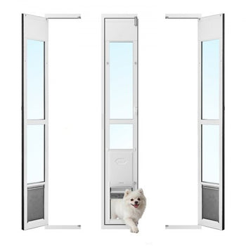 Dog Door for Sliding Glass Door, 75 7/8" to 80 11/16" Adjustable Height, Aluminum Alloy Frame with Flap, Lock Design, for Medium-Sized Dogs, 180° Swing-Open Sliding Glass Pet Doors for Renters