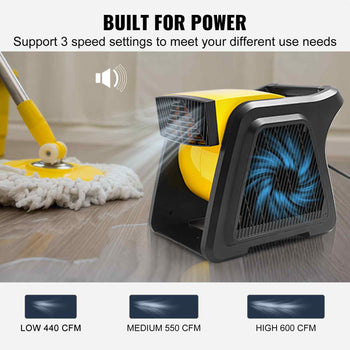 Yellow and black high-powered fan with 3 speed settings for effective drying and ventilation, perfect for home use.