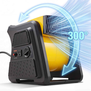 Compact 300° electric fan heater in yellow and black, featuring durable plastic design and versatile heat settings.