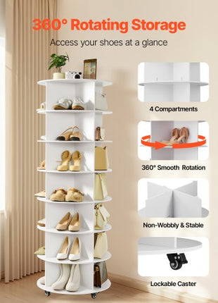 7 Tiers Rotating Shoe Rack Tower with Wheels, Movable 360° Spinning Carousel Display, Lazy Susan Organizer Closet Shelf for Living Room, Entryway, White