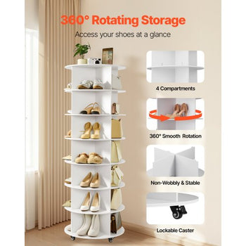 7 Tiers Rotating Shoe Rack Tower with Wheels, Movable 360° Spinning Carousel Display, Lazy Susan Organizer Closet Shelf for Living Room, Entryway, White