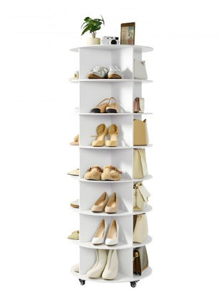 7 Tiers Rotating Shoe Rack Tower with Wheels, Movable 360° Spinning Carousel Display, Lazy Susan Organizer Closet Shelf for Living Room, Entryway, White