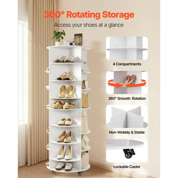 7 Tier Rotating Shoe Rack Tower with Adjustable Shelves, Movable 360° Spinning Carousel Display with Wheels, Lazy Susan Organizer Closet for Bedroom, Living Room, Entryway, Closet, White
