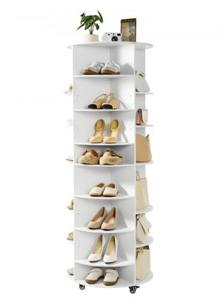 7 Tier Rotating Shoe Rack Tower with Adjustable Shelves, Movable 360° Spinning Carousel Display with Wheels, Lazy Susan Organizer Closet for Bedroom, Living Room, Entryway, Closet, White