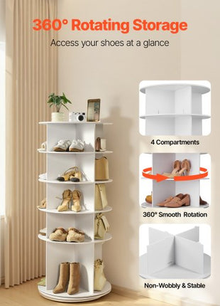 5 Tiers Rotating Shoe Rack Tower, 360° Spinning Shoe Rack, Revolving Storage Round Carousel Display, Freestanding Lazy Susan Organizer Display for Bedroom, Living Room, Entryway, Closet, White