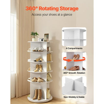 5 Tiers Rotating Shoe Rack Tower, 360° Spinning Shoe Rack, Revolving Storage Round Carousel Display, Freestanding Lazy Susan Organizer Display for Bedroom, Living Room, Entryway, Closet, White