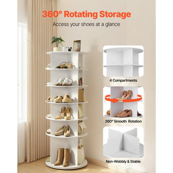 6 Tiers Rotating Shoe Rack Tower, 360° Spinning Shoe Rack, Revolving Storage Round Carousel Display, Freestanding Lazy Susan Organizer Display for Bedroom, Living Room, Entryway, Closet, White