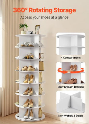 7 Tiers Rotating Shoe Rack Tower, 360° Spinning Shoe Rack, Revolving Storage Round Carousel Display, Freestanding Lazy Susan Organizer Display for Bedroom, Living Room, Entryway, Closet, White