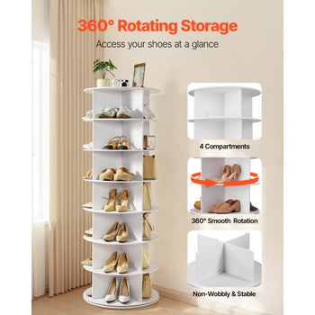 7 Tiers Rotating Shoe Rack Tower, 360° Spinning Shoe Rack, Revolving Storage Round Carousel Display, Freestanding Lazy Susan Organizer Display for Bedroom, Living Room, Entryway, Closet, White