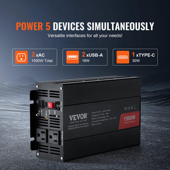 Modified Sine Wave Inverter, 1500W, DC 12V to AC 120V Power Inverter with 2 AC Outlets 2 USB Port 1 Type-C Port 6 Spare Fuses, for Small Home Devices like Smartphone Laptop, CE FCC Certified