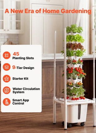 Hydroponic Tower, 45 Pods 9 Tiers Hydroponics Growing System Kit with LED Grow Light, App Control & Casters, Vertical Home Garden with 20L Water Tank & Pump for Indoor Herbs, Fruits, Vegetables