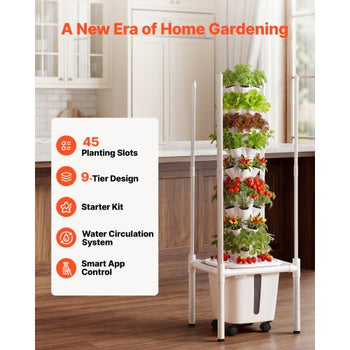 Hydroponic Tower, 45 Pods 9 Tiers Hydroponics Growing System Kit with LED Grow Light, App Control & Casters, Vertical Home Garden with 20L Water Tank & Pump for Indoor Herbs, Fruits, Vegetables