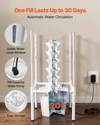 Hydroponic Tower, 30 Pods 6 Tiers Hydroponics Growing System Kit with LED Grow Light & App Control, Vertical Home Garden with 20L Water Tank & Pump, Planter for Indoor Herbs, Fruits, Vegetables
