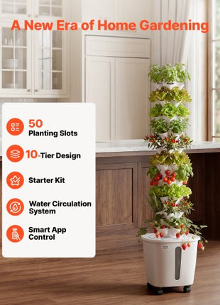 Hydroponic Tower, 50 Pods 10 Tiers Hydroponics Growing System Kit with App Control & Casters, Vertical Home Garden with 20L Water Tank & Pump, Planter for Indoor Herbs, Fruits and Vegetables