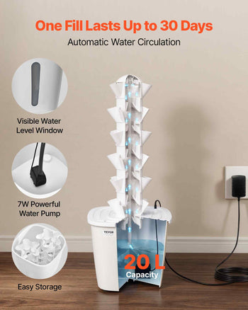 Hydroponic Tower, 30 Pods 6 Tiers Hydroponics Growing System Kit with App Control, Vertical Home Garden with 20L Water Tank & Pump, Planter Germination Kit for Indoor Herbs, Fruits, Vegetables