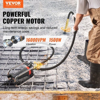 Electric Concrete Vibrator, 1300W 16000 VPM, 2HP Copper Motor Handheld Concrete Vibrating Tool, Portable Pencil Cement Vibrator with Shaft of 14.75ft / 4.5m, Remove Air Bubble and Level Concrete