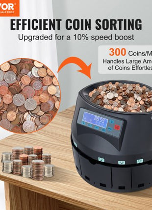 USD Coin Counter & Coin Sorters with LCD Display, Coin Sorter Machine for USD Coin 1? 5? 10? 25? $1, Sorts up to 300 Coins/min, Change Counter Holds 2000 Coins Included 5 Coin Bins & 5 Tubes
