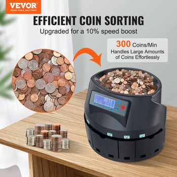 USD Coin Counter & Coin Sorters with LCD Display, Coin Sorter Machine for USD Coin 1? 5? 10? 25? $1, Sorts up to 300 Coins/min, Change Counter Holds 2000 Coins Included 5 Coin Bins & 5 Tubes