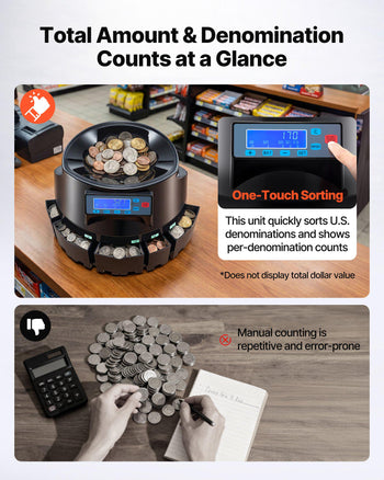 Black coin sorter with digital display, sorting U.S. coins by denomination, ideal for efficient cash management.