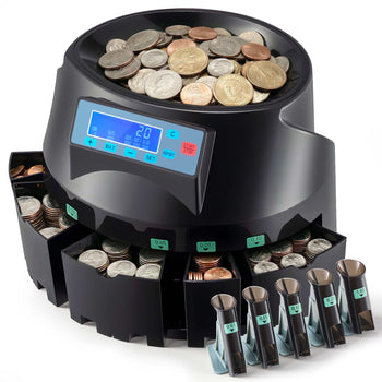 Black electronic coin sorter with digital display and six clear sorting tubes for efficient coin counting.